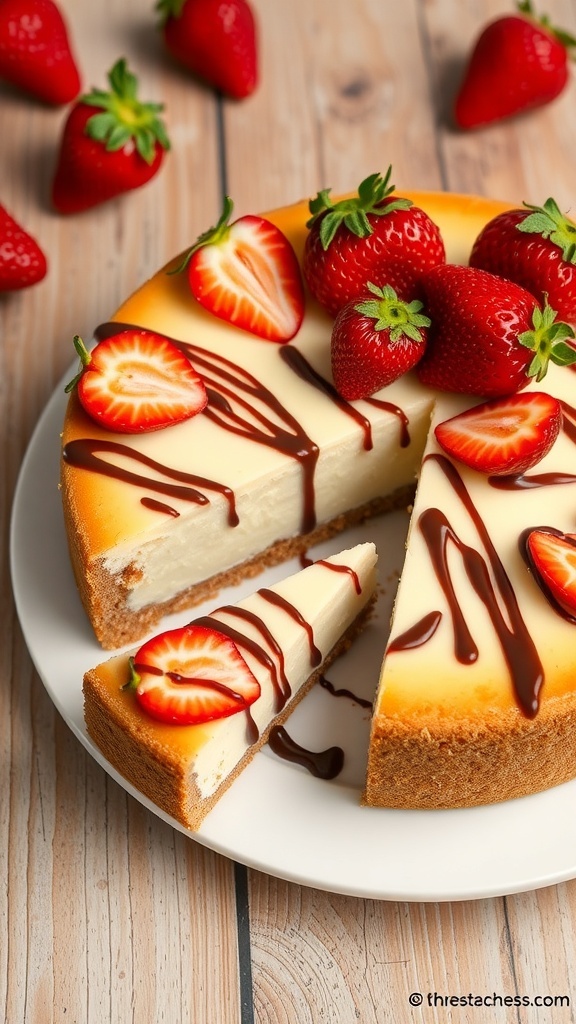 A classic cheesecake with a graham cracker crust, topped with strawberries and chocolate sauce, on a rustic wooden table.